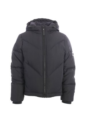 Zwarte gewatteerde winterjas met capuchon, ritssluiting aan de voorkant en lange mouwen, ontworpen voor koud weer en isolatie.