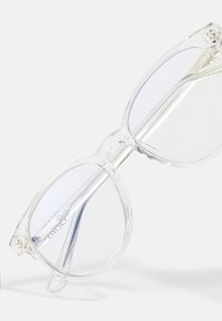 Lunettes claires avec une forme ovale, monture en plastique transparent et accents argentés sur les branches. Les verres sont clairs et sans teinte.