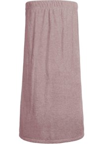 Rosa Frottee-Wickel mit einem elastischen Bund, der eine weiche Textur und ein einfaches, glattes Design aufweist. Geeignet für legere Kleidung oder nach dem Baden.