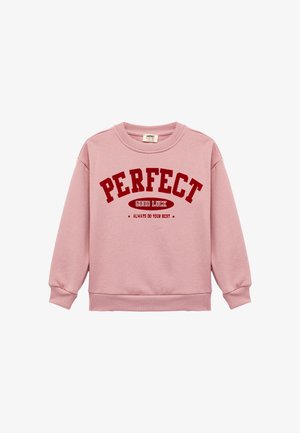 Roze katoenen sweatshirt met ribgebreide manchetten en zoom. "PERFECT" in vette rode letters met daaronder "GOOD LUCK" en "ALWAYS DO YOUR BEST".