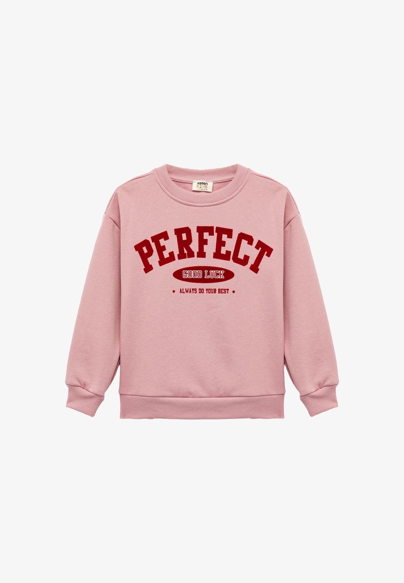 Różowa bawełniana bluza z ribbrowymi mankietami i dołem. Napis "PERFECT" w pogrubionej czerwonej czcionce z hasłami "GOOD LUCK" i "ALWAYS DO YOUR BEST" poniżej.
