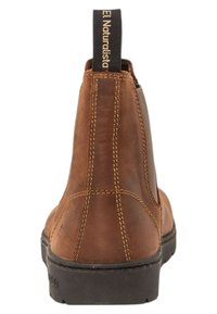 Botas de cuero marrón hasta el tobillo con un alto respaldo, paneles laterales elásticos horizontales, costuras en contraste y una lengüeta con la etiqueta "El Naturalista."