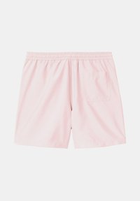 Bañador de color rosa claro con cintura elástica y bolsillo trasero que cuenta con dos ojales de metal. Textura suave, diseño casual, corte hasta la rodilla.