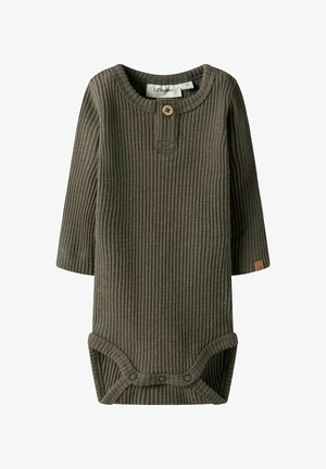 Ilgas rankovės briaunotas bodysuit tamsiai alyvinės spalvos su mediniais mygtukais ant kaklo ir spaudėmis apačioje, kad būtų lengva apsirengti.