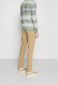 Maglione a righe verdi e grigie con una finitura testurizzata, abbinato a chinos beige chiaro e sneakers beige con dettagli bianchi.