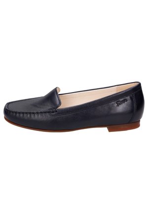 Marineblaue Lederloafer mit gesticktem Zehendesign, Slipper-Stil, glatte Textur und niedrigem braunem Gummiabsatz. Markenlogo an der Seite.