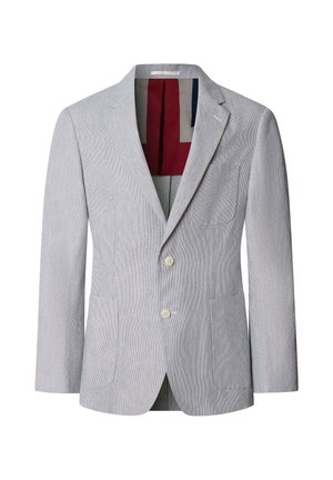Blazer para hombre de color gris claro con solapas con muesca, dos botones frontales, bolsillos parche y forro interior a bloques de color en rojo, beige y azul marino.