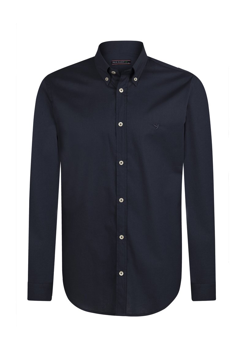 Camisa azul marino de botonadura hecha de un suave tejido de algodón. Presenta un collar clásico, mangas largas y un sutil bordado del logo en el pecho.