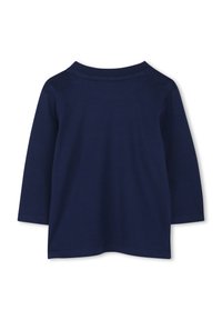 Marineblauw langslievem shirt met een ronde halslijn en een rechte snit. Gemaakt van zachte stof, met een gladde textuur en zonder zichtbare patronen.
