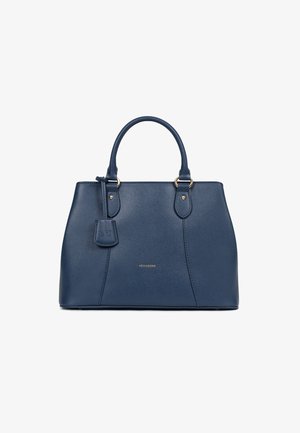 Borsa a mano blu navy realizzata in materiale testurizzato con due manici superiori, dettagli in metallo dorato e un'etichetta da viaggio con logo. Presenta una forma strutturata.