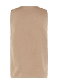 Haut beige sans manches avec un col rond haut, texture lisse, sans motifs ni ornements visibles, vu de dos.