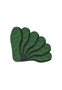 Green insoles with a textured surface featuring repeated branding. Each insole has a black border and they are arranged in a fan shape.