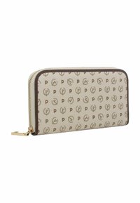 Portafoglio beige con zip dorata, caratterizzato da un motivo a logo marrone ripetuto e rifiniture marroni scure, realizzato in materiale sintetico testurizzato.
