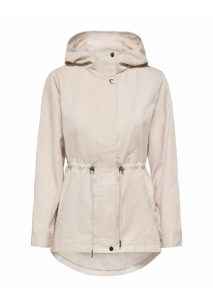 Veste à capuche beige clair avec boutons-pression à l'avant, cordons de serrage ajustables à la taille, manches longues et deux poches latérales.