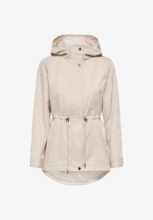 Helebeež kapuutsiga jakk ees küljel kinnitusnuppudega, reguleeritavate vöökoht tõmbelintidega, pikkade varrukatega ja kahe küljetaskuga.