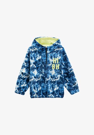 Blauwe en witte tie-dye fleece hoodie met gele voering, voorrits, elastische boorden en "HIGH" in het geel op de borst gedrukt.