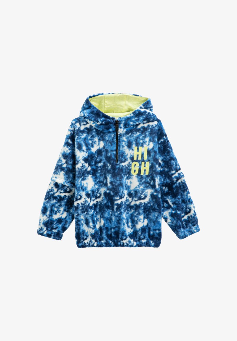 Niebieska i biała bluza wszechstronna z tie-dye, z żółtym podbiciem, zamkiem błyskawicznym z przodu, elastycznymi mankietami oraz napisem "HIGH" wydrukowanym na tle żółtym na klatce piersiowej.
