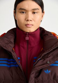 Bordo pufasta jakna s smešnim naglascima. Ima plave horizontalne pruge, visoki ovratnik i zakopčavanje na čizmu. Adidas logo na prsima.