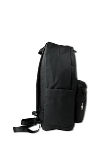 Black backpack with multiple compartments, adjustable shoulder straps, and a small keychain attached to one zipper pocket.