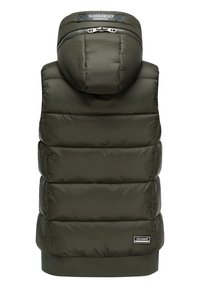 Vesta puffer verde măsliniu cu glugă detașabilă, design captusit, cusături laterale, tiv ribbed și etichetă cu logo în partea de jos.