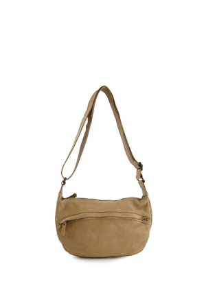 Beige læder skuldertaske med justerbar rem og frontlynlåslomme mod en hvid baggrund.