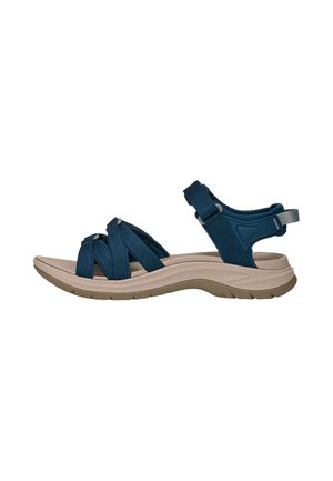 Marineblaue Sandale mit offenen Zehen, verstellbaren Riemen und beiger gepolsterter Sohle, entworfen für Freizeit- und Outdoor-Einsatz.