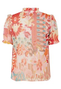 Blouse florale plissée dans des couleurs pastel avec un col froncé. Dispose de manches bouffantes et de motifs complexes dans des teintes de rose, orange et teal.