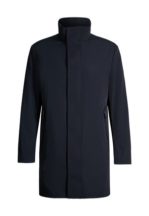 Cappotto lungo da uomo nero con zip frontale, collo alto e due tasche laterali con zip, progettato per il clima freddo.