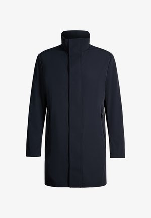 Cappotto lungo da uomo nero con zip frontale, collo alto e due tasche laterali con zip, progettato per il clima freddo.