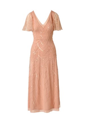 Šaty barvy broskví až na zem s výstřihem do V, krátkými volánkovými rukávy a květinovou výšivkou se flitry ve vzoru chevron.