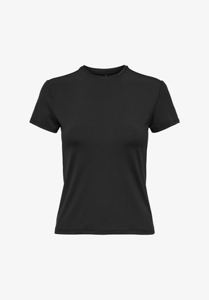 Camiseta negra de manga corta hecha de tela suave. Presenta un escote redondo y un diseño simple y ajustado con costuras limpias.