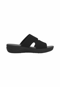 Black slide sandals featuring a breathable mesh upper, cross-strap design, and a cushioned platform sole for comfort.