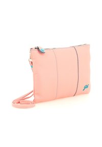 Borsa a pochette in pelle rosa con zip blu e logo, dotata di una sottile tracolla staccabile.