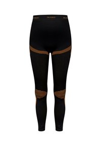 Black leggings with orange accents and patterned panels. Features horizontal lines and a branded waistband. Made from stretchable material.