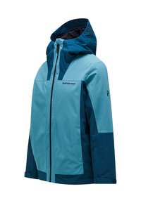 A blue and teal waterproof jacket with a hood, featuring a front zipper, adjustable cuffs, and the "Peak Performance" logo on the chest.