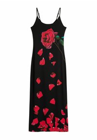Fekete ujjatlan ruha nagyméretű vörös rózsanyomattal és szétszórt vörös rózsaszirmokkal az alján. Simaszerű anyag, testhezálló fazon.