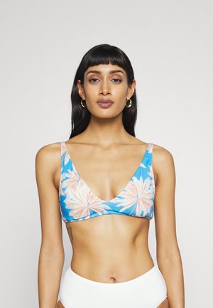 Blue bikini top with a deep V-neck, featuring a pastel palm leaf print. The fabric is smooth, complemented by wide straps.