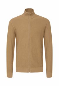 Bežani zip-up pulover s uspravnim ovratnikom, strukturiranom pletivom te rebrastim manžetama i rubom. Jednostavan, funkcionalan dizajn prikladan za slojevito odijevanje.