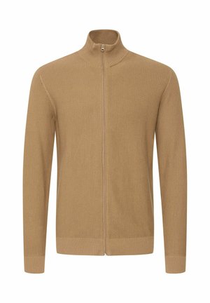 Krémový zip-up svetr s stojáčkem, texturovaným pleteným vzorem a žebrovanými manžetami a lemem. Jednoduchý, funkční design vhodný pro vrstvení.