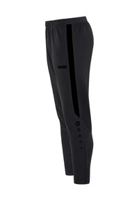 Schwarze Sporthose mit schmaler Passform, aus leichtem Material gefertigt. Verfügt über seitliche Netzeinsätze und Druckknopfakzente am Saum.