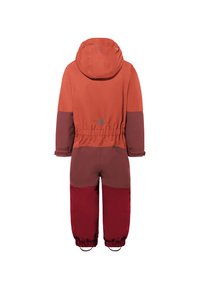 Rood en kastanjebruin gekleurde blokkerings sneeuwpak met een capuchon, elastische taille en manchetten. Soepele textuur, versterkte naden en functionele ontwerpdetails.