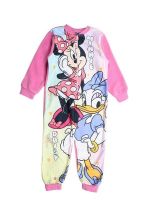 Combinaison en polaire avec des graphiques de Minnie Mouse et de Daisy Duck. Principalement en rose et couleurs pastel, avec des poignets côtelés et une fermeture éclair à l'avant.