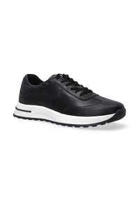 Schwarze Ledersneaker mit glatter Oberfläche, runder Zehenpartie, Schnürdesign und einer gepolsterten weißen Außensohle mit strukturiertem Grip.