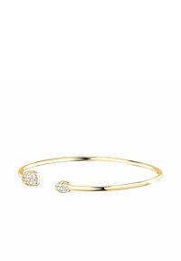 Bracciale in cuff in oro con due estremità sferiche decorate con cristalli trasparenti, finitura liscia e design aperto per una vestibilità regolabile.
