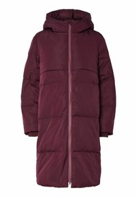 Burgunderfarget boblejakke med hette, med glidelåslukking foran, lange ermer og et quiltet design med en glatt, lett tekstur.