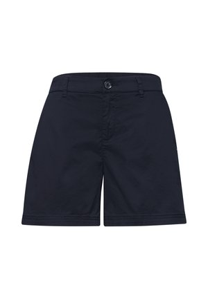 Marineblaue knielange Shorts mit Knopf- und Reißverschluss, Gürtelschlaufen und geraden Säumen.