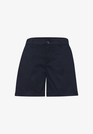 Marineblaue knielange Shorts mit Knopf- und Reißverschluss, Gürtelschlaufen und geraden Säumen.