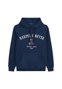 Granatowa bluza z kapturem, wykonana z miękkiego materiału, z przednią kieszenią, białym nadrukiem "HARPER & NEYER" oraz grafiką niedźwiedzia.