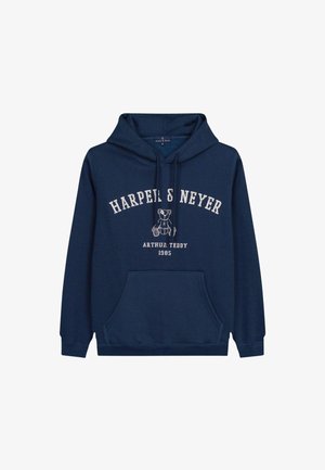 Sweatshirt à capuche bleu marine en tissu doux, doté d'une poche frontale, d'une inscription blanche "HARPER & NEYER" et d'un graphique d'ours.