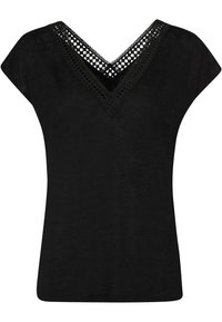 Svart kortärmad topp med V-ringning och intrikat spetsdetaljer längs kragen. Tillverkad av ett mjukt, lätt material.